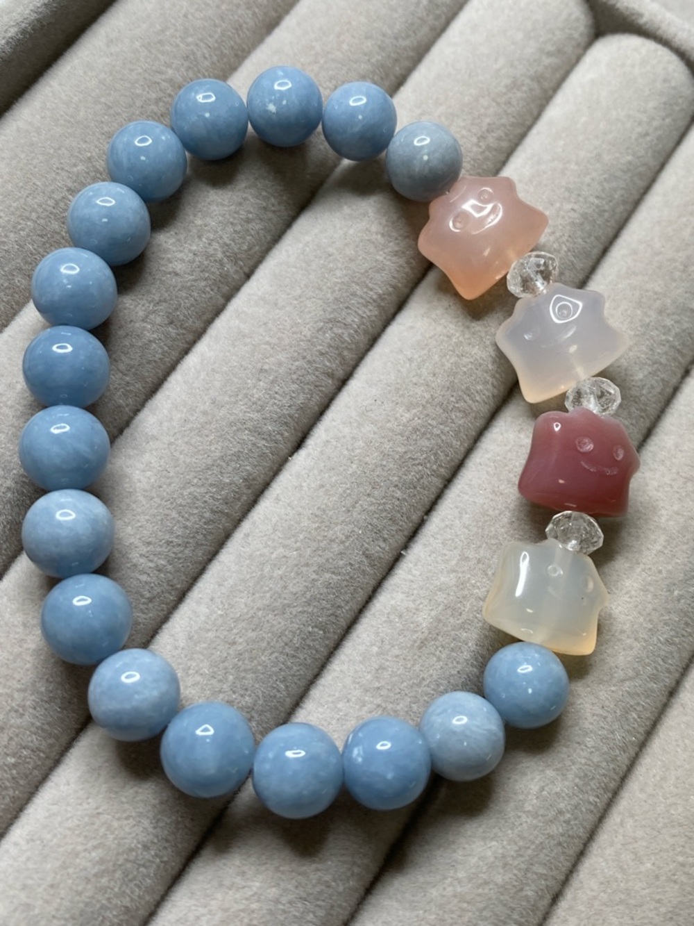 ✨ Natural Angelite Bracelet – Cute Ghost Agate Charms & Tourmaline Quartz ✨